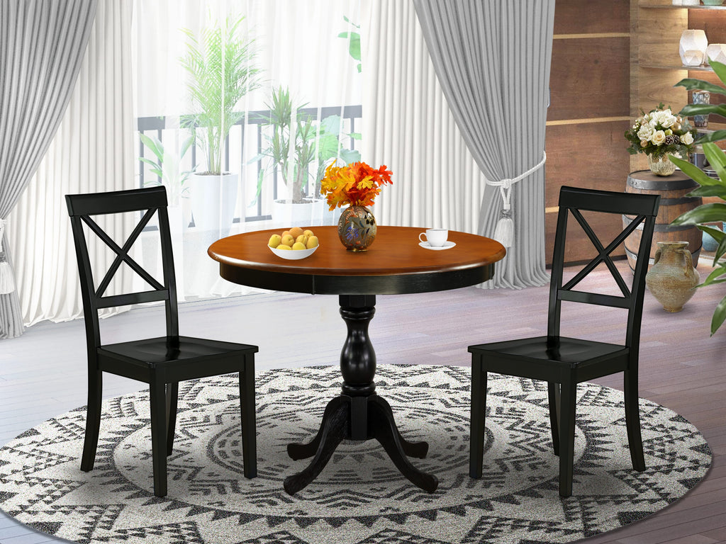 AMBO3-I8K-I 3-Piece Set Round Dining Table with Pedestal & 2 Chairs, Wood Finish in Black & Cherry Tones, 36