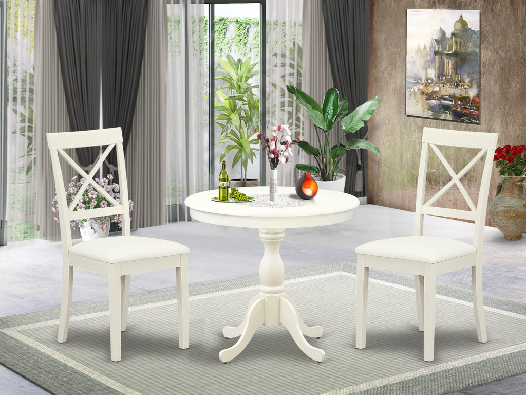 AMBO3-477-Y 3-Piece Dining Set with Round Pedestal Table and Linen Chairs, 36 Linen White