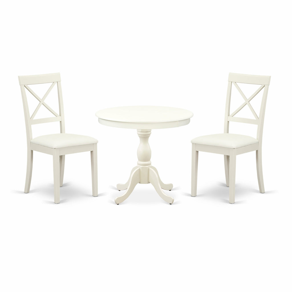 AMBO3-477-Y 3-Piece Dining Set with Round Pedestal Table and Linen Chairs, 36 Linen White