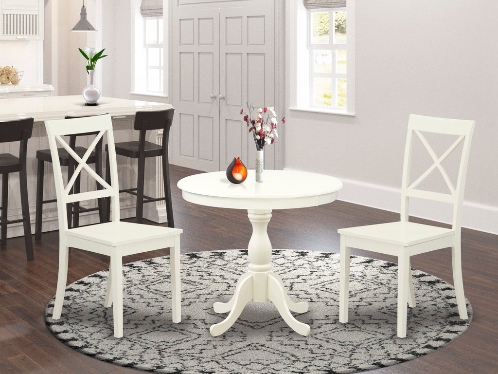 AMBO3-G02-K 3 Piece Dining Set Round Table with Pedestal and 2 Solid Wood Seat Chairs, 36-Inch, Light White