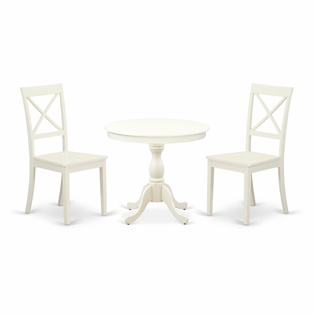 AMBO3-G02-K 3 Piece Dining Set Round Table with Pedestal and 2 Solid Wood Seat Chairs, 36-Inch, Light White