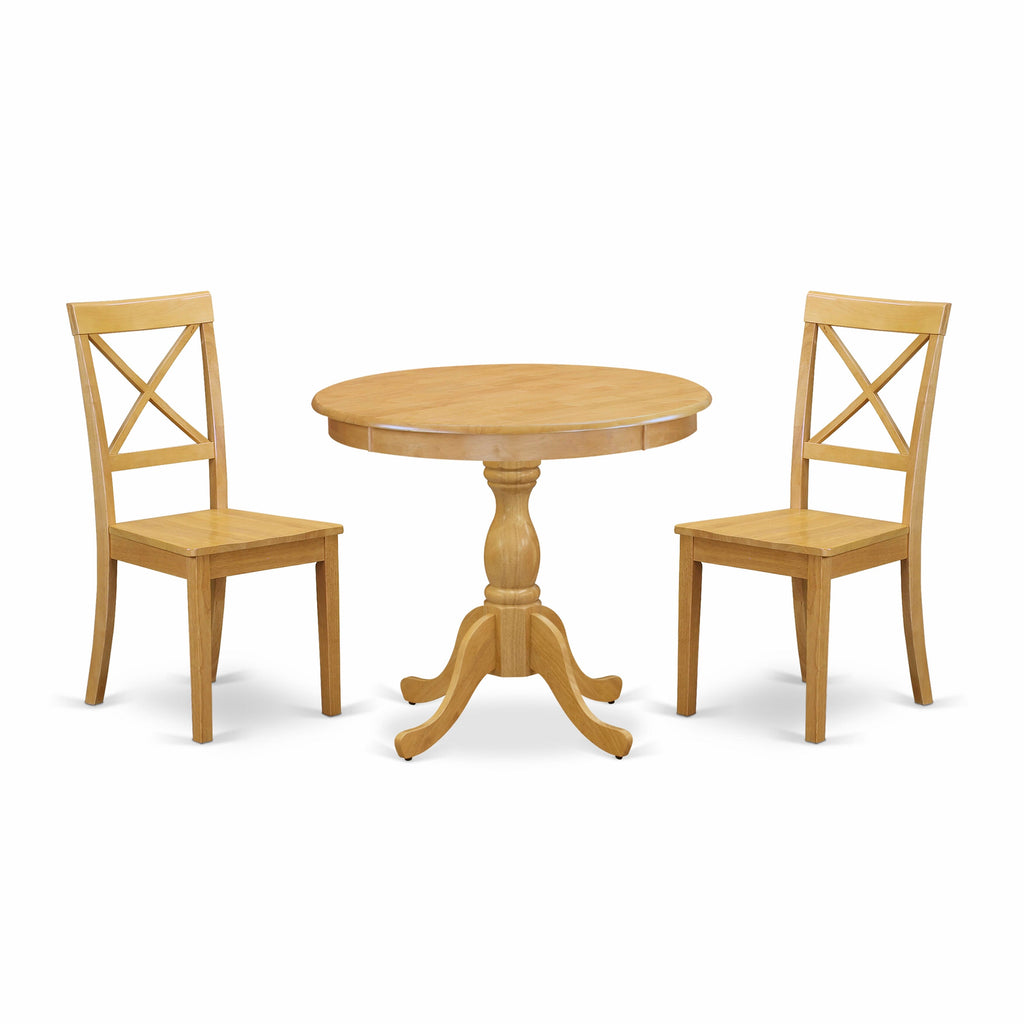 AMBO3-6RU-Y 3-Piece Dining Ensemble with Round Table Pedestal and Two Chairs - 36 Inch Oak Design
