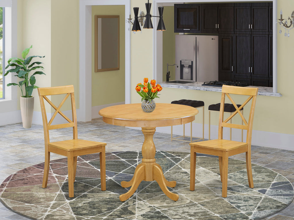 AMBO3-6RU-Y 3-Piece Dining Ensemble with Round Table Pedestal and Two Chairs - 36 Inch Oak Design