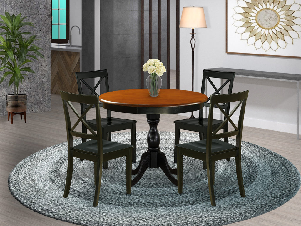 AMBO5-GY5-7 Stylish 5-Piece Dining Ensemble for Four with Round Table Base & Wooden Chairs, Black & Cherry, 36 Dimensions