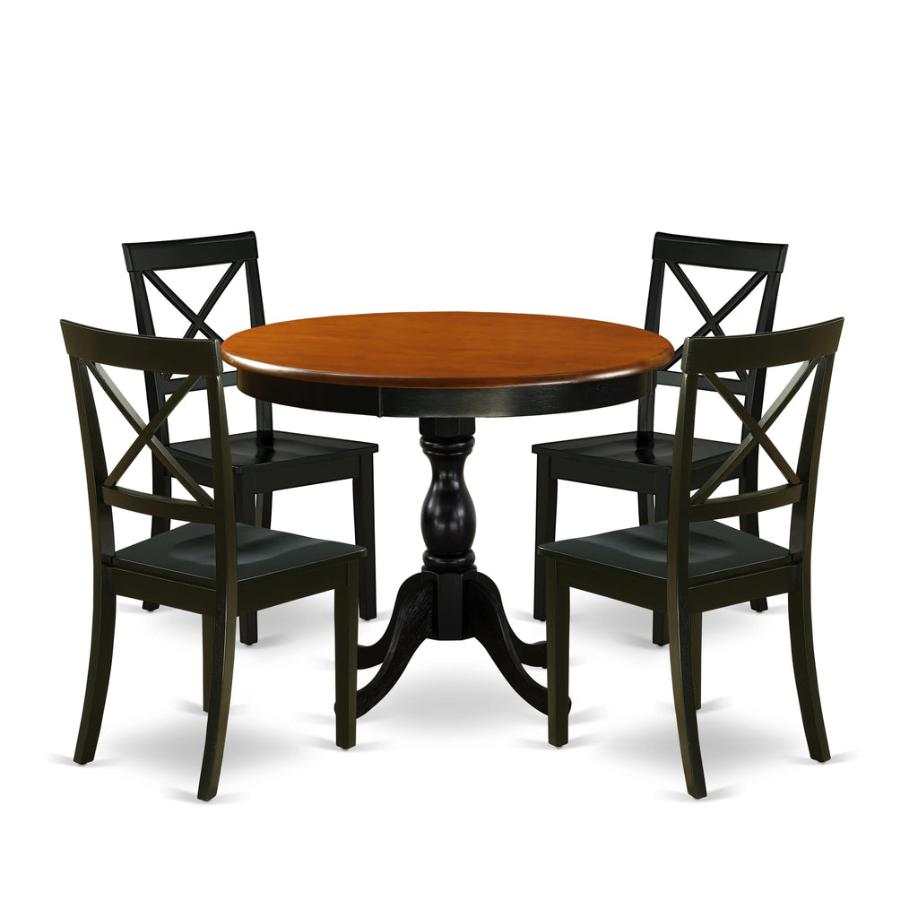AMBO5-GY5-7 Stylish 5-Piece Dining Ensemble for Four with Round Table Base & Wooden Chairs, Black & Cherry, 36 Dimensions