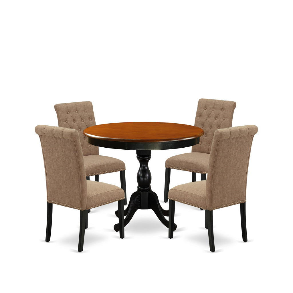 AMBR5-PIA-1D Opulent 5-Piece Dining Set for Four with Round Pedestal Table and Sable Linen Chairs in Black & Cherry, 36x36