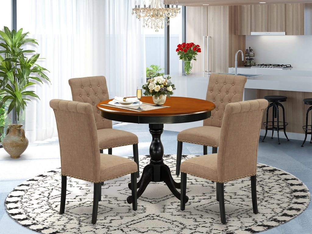 AMBR5-PIA-1D Opulent 5-Piece Dining Set for Four with Round Pedestal Table and Sable Linen Chairs in Black & Cherry, 36x36