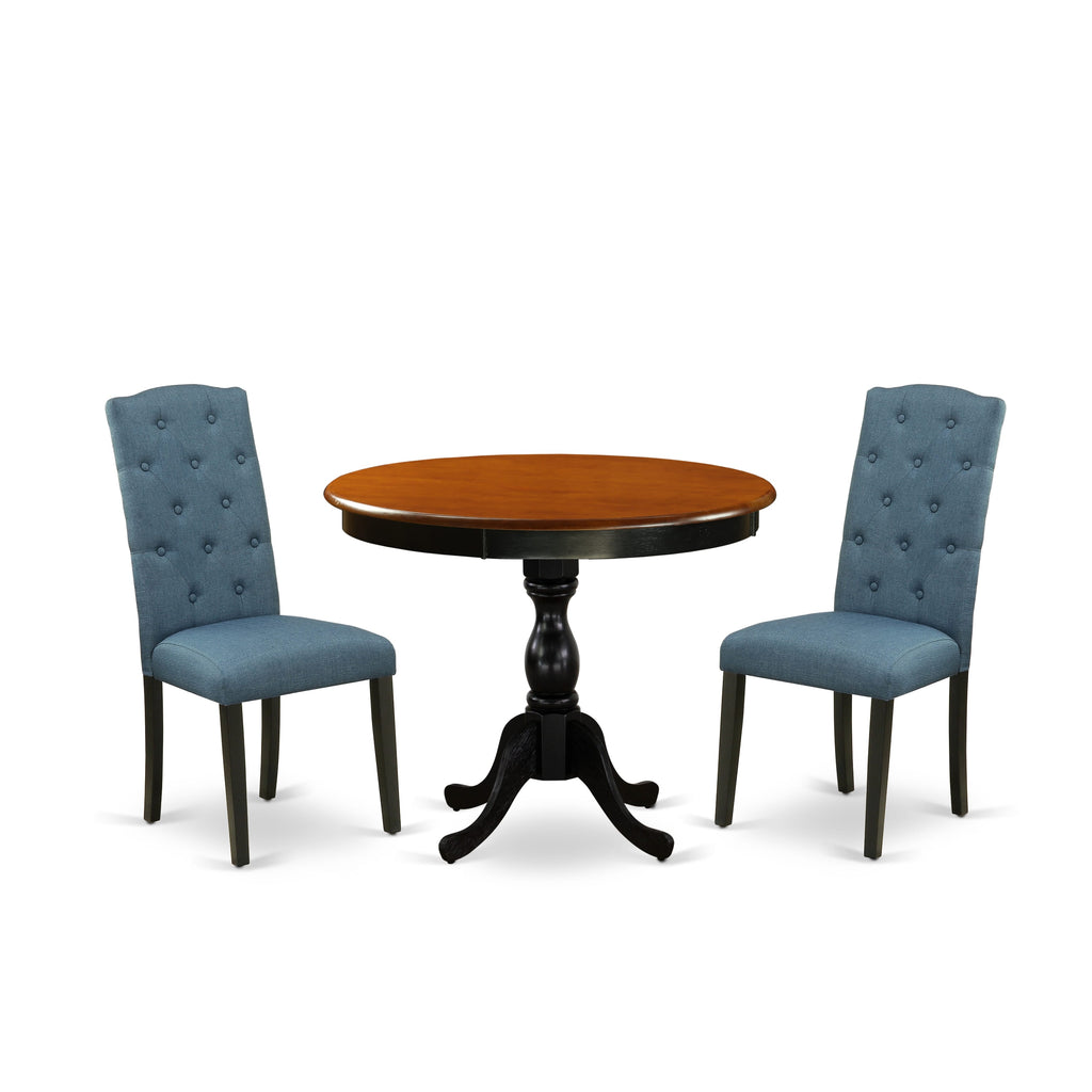 AMCE3-Z86-0G Compact 3-Piece Dining Set with Round Table & Mineral Blue Fabric Chairs for Intimate Spaces, 36x36 Black & Cherry