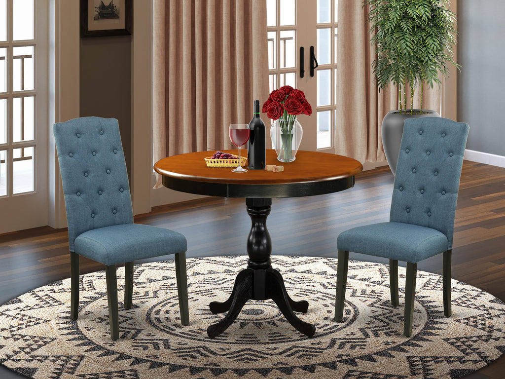 AMCE3-Z86-0G Compact 3-Piece Dining Set with Round Table & Mineral Blue Fabric Chairs for Intimate Spaces, 36x36 Black & Cherry