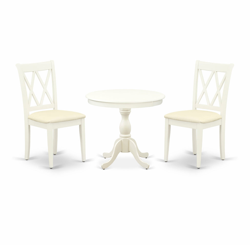 AMCL3-P3L-Z Classic Linen White Round Kitchen Table with Pedestal and 2 Upholstered Dining Chairs, 36x36 Inch - 3 Piece Essential Dining Set