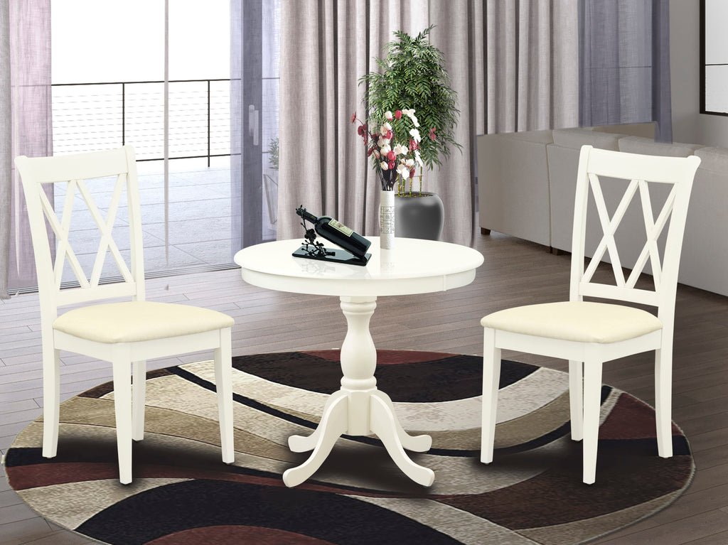 AMCL3-P3L-Z Classic Linen White Round Kitchen Table with Pedestal and 2 Upholstered Dining Chairs, 36x36 Inch - 3 Piece Essential Dining Set