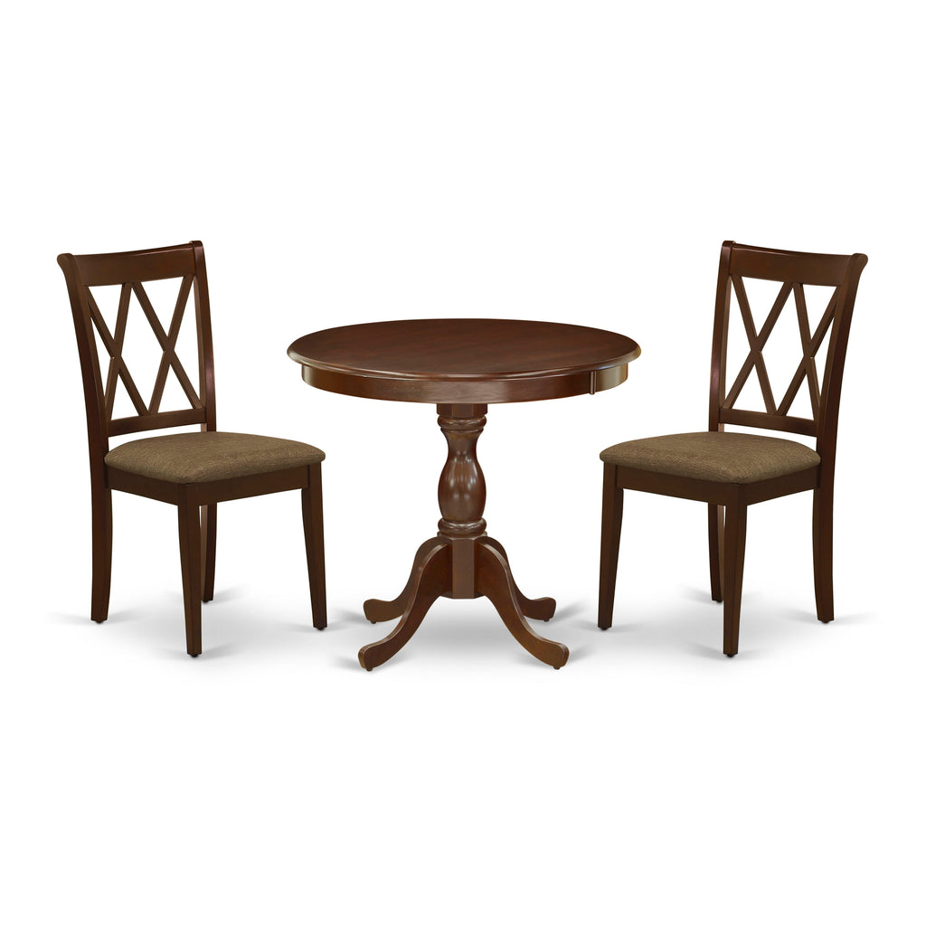 AMCL3-KVF-8 3-Piece Dining Ensemble with Round Table & Linen Chairs - Mahogany Finish 36 Table