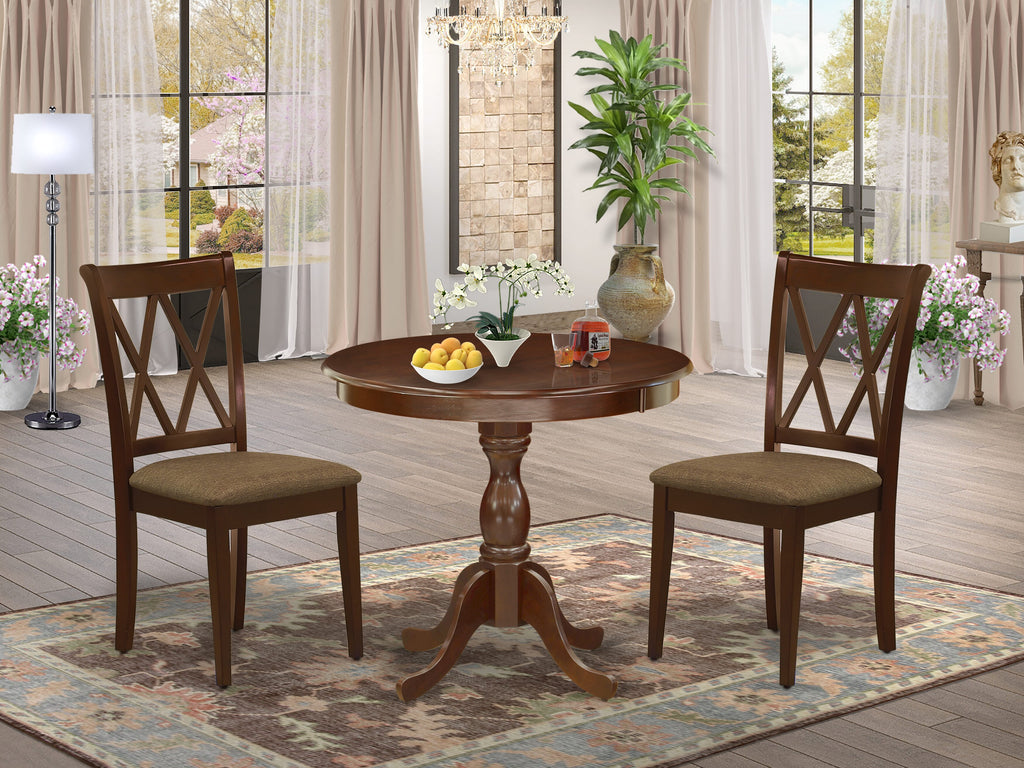 AMCL3-KVF-8 3-Piece Dining Ensemble with Round Table & Linen Chairs - Mahogany Finish 36 Table
