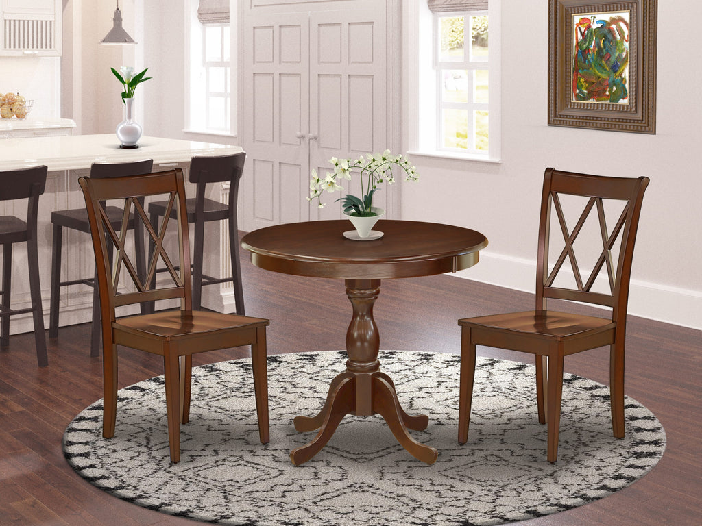 AMCL3-WT8-M 3 Piece Pedestal Dining Set with Round Wood Table & 2 Chairs, 36-inch, Mahogany