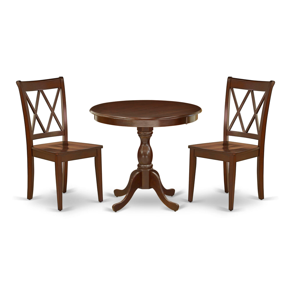 AMCL3-WT8-M 3 Piece Pedestal Dining Set with Round Wood Table & 2 Chairs, 36-inch, Mahogany