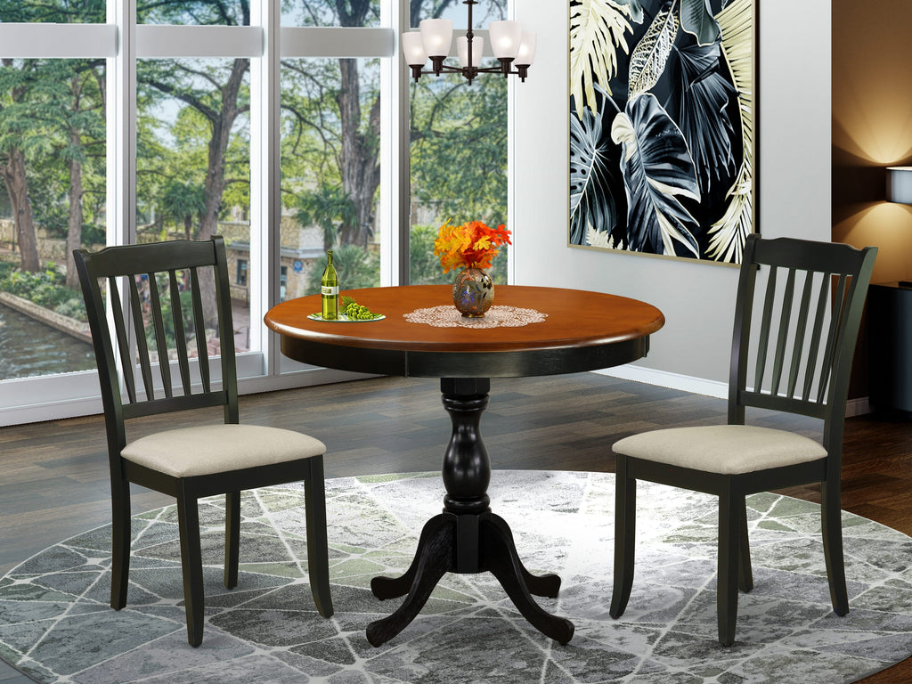 AMDA3-HV0-2 Compact 3-Piece Dining Ensemble with Round Table & Two Soft Upholstered Chairs in Black-Cherry Finish for Cozy Kitchens, 36