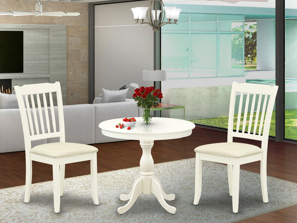 AMDA3-OV9-B Cozy 3-PC Dining Set with Pedestal Table & Upholstered Chairs for Compact Nooks, 36x36 In White Linen