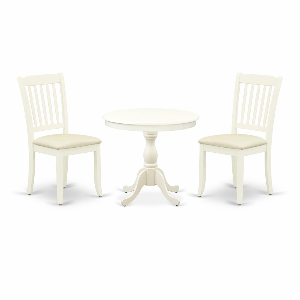 AMDA3-OV9-B Cozy 3-PC Dining Set with Pedestal Table & Upholstered Chairs for Compact Nooks, 36x36 In White Linen