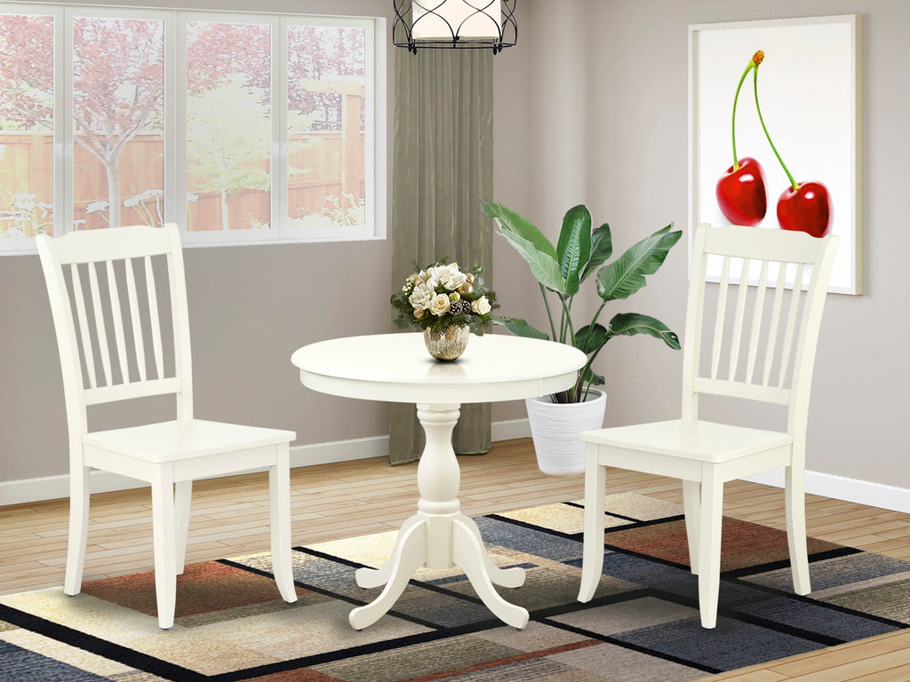 AMDA3-J6H-J Compact 3-Piece Pedestal Table Set with Round Linen White Tabletops & Chairs