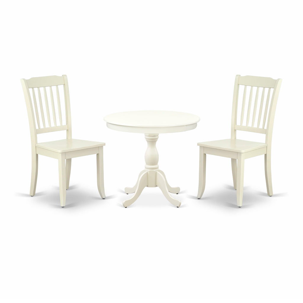 AMDA3-J6H-J Compact 3-Piece Pedestal Table Set with Round Linen White Tabletops & Chairs