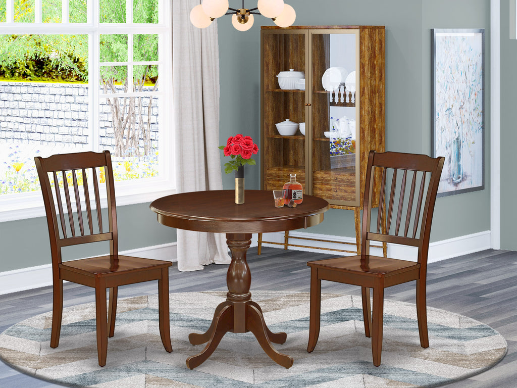 AMDA3-O6R-W Elegant Round 3-Piece Dining Set for Small Areas with Pedestal Table and 2 Chairs, Mahogany Finish, 36x36