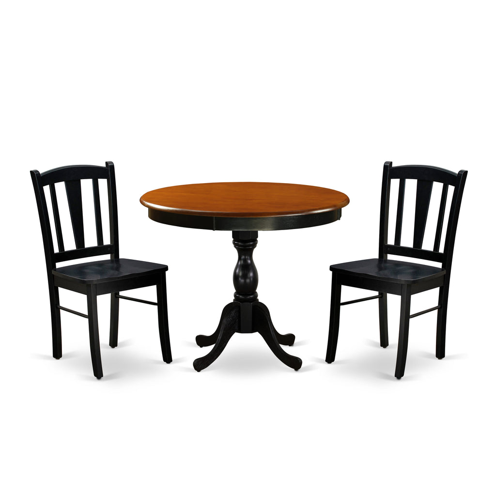 AMDL3-20E-5 Three Piece Dining Ensemble with Pedestal Round Table and Two Chairs, 36x36 Black Cherry