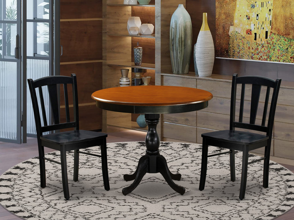 AMDL3-20E-5 Three Piece Dining Ensemble with Pedestal Round Table and Two Chairs, 36x36 Black Cherry