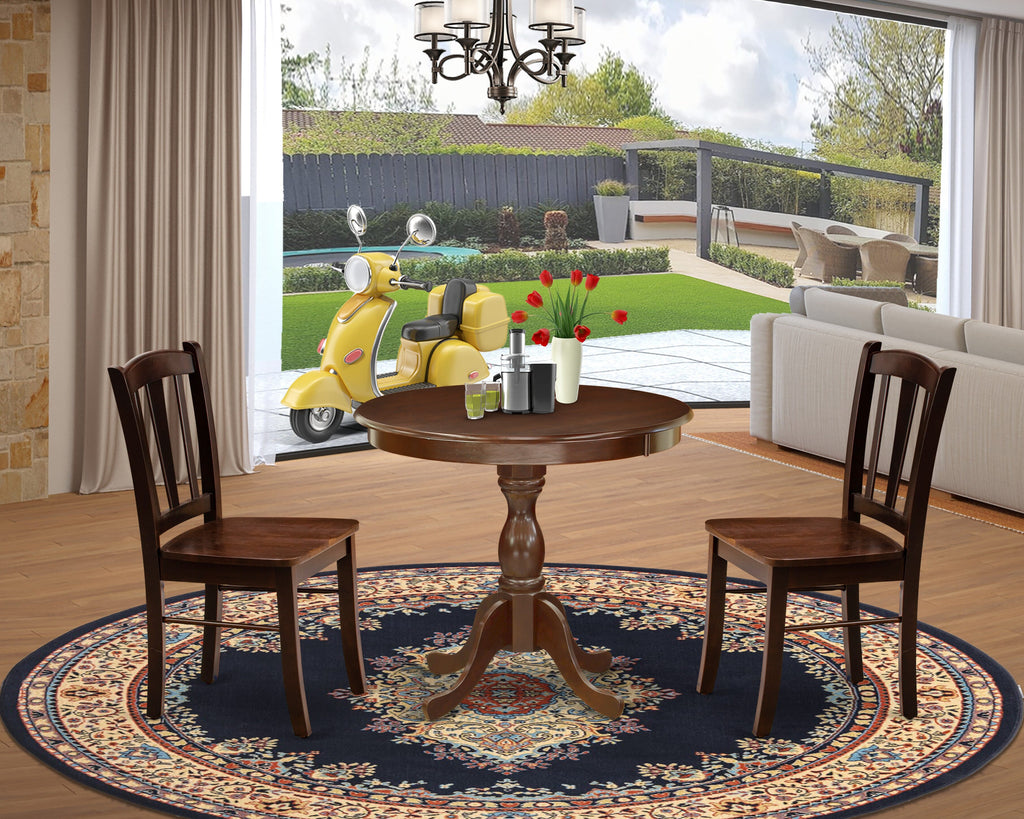 AMDL3-1JG-9 3-Piece Set with Pedestal Round Table & 2 Chairs for Cozy Dining Areas, Mahogany Finish