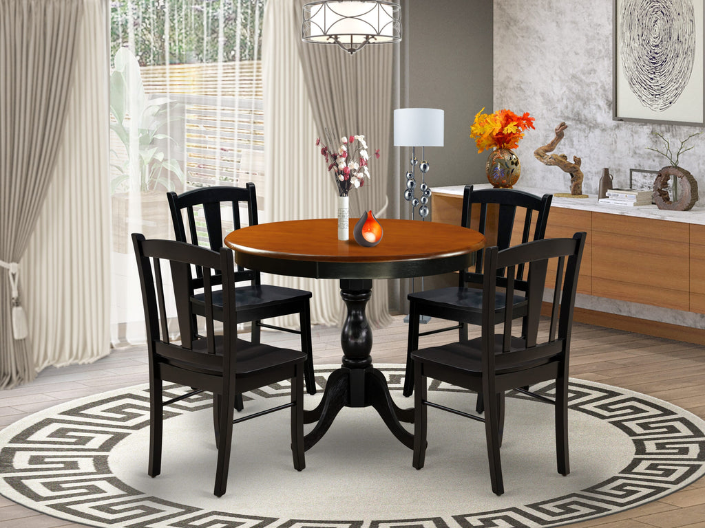 AMDL5-LU1-O 5-Piece Dining Ensemble for Four with Round Table on Pedestal & Four Seats, Black Cherry Finish