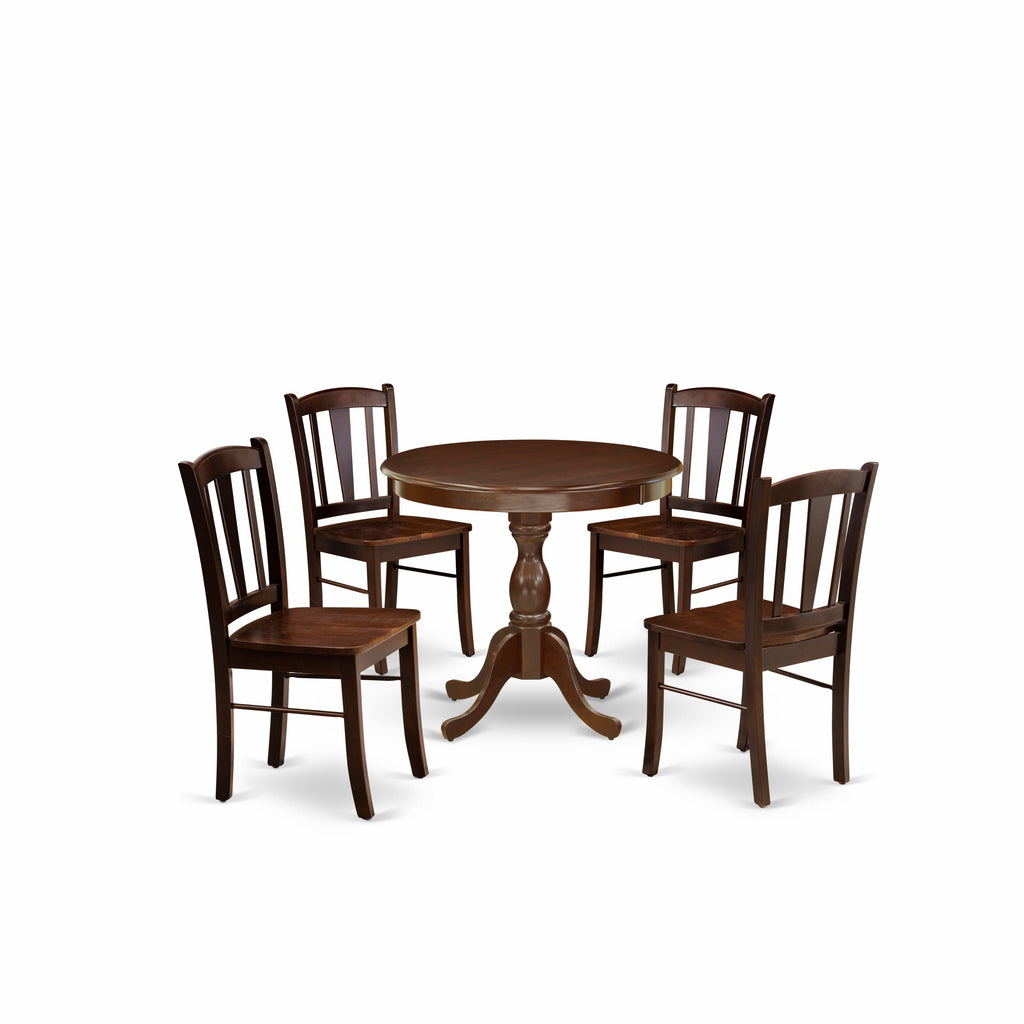 AMDL5-MHQ-T 5-Piece Round Pedestal Kitchen Set with Table and 4 Chairs in Mahogany Wood Finish