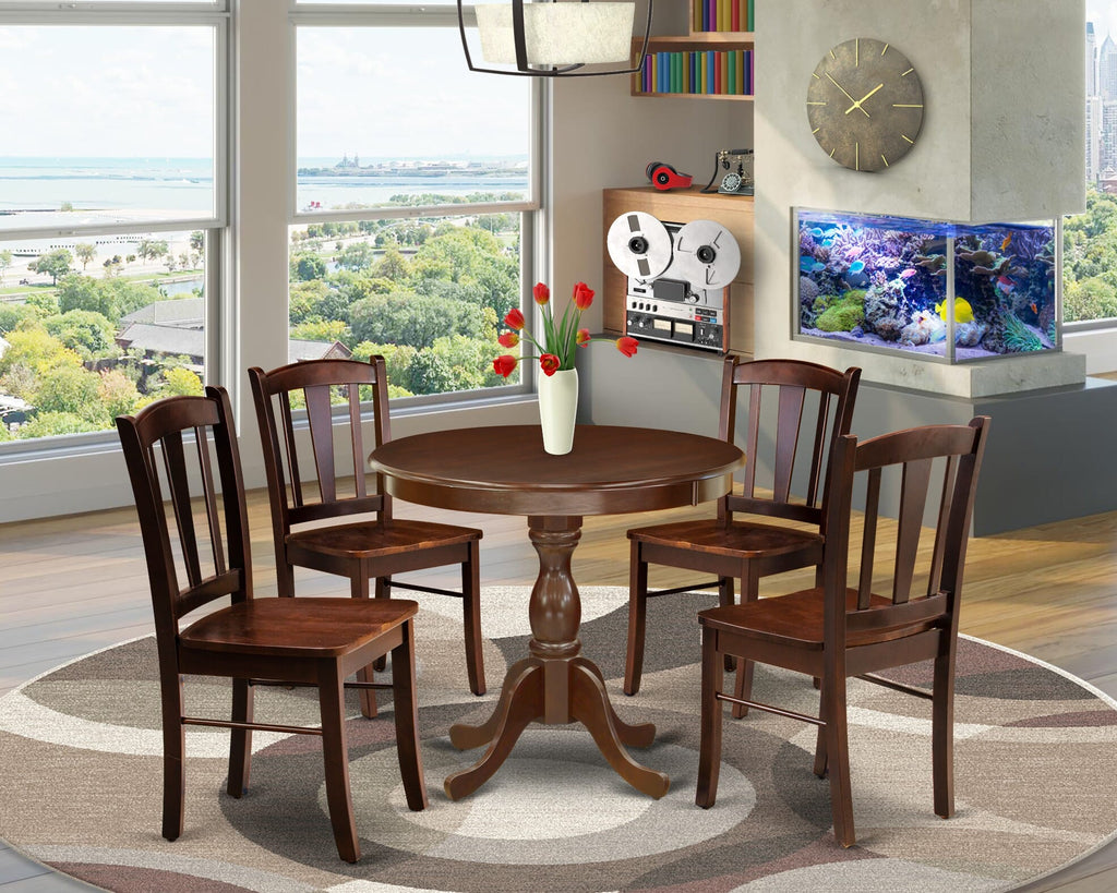 AMDL5-MHQ-T 5-Piece Round Pedestal Kitchen Set with Table and 4 Chairs in Mahogany Wood Finish