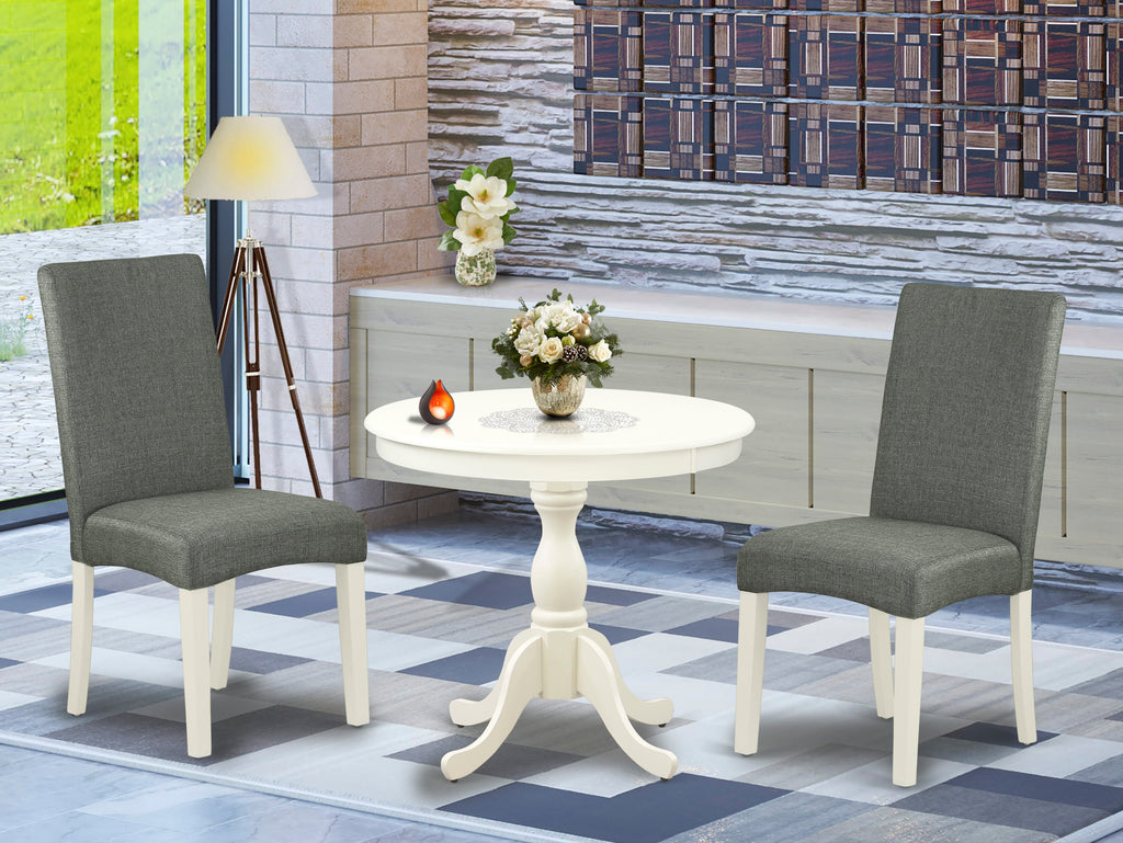 AMDR3-F04-Y8 3 Pcs Compact Dining Set with Pedestal Table & 2 Fabric Chairs, White & Gray, 36x36