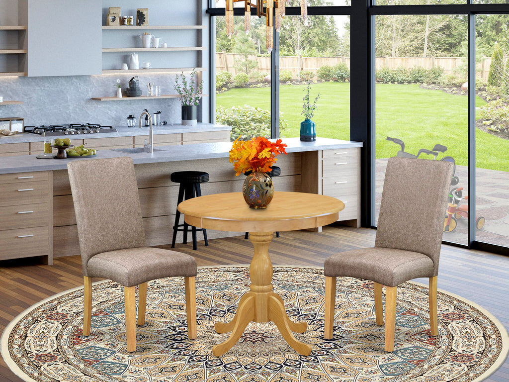 AMDR3-DRP-NK 3-Piece Round Dining Set with Pedestal & 2 Dark Khaki Linen Chairs, 36x36 Inches Oak Finish