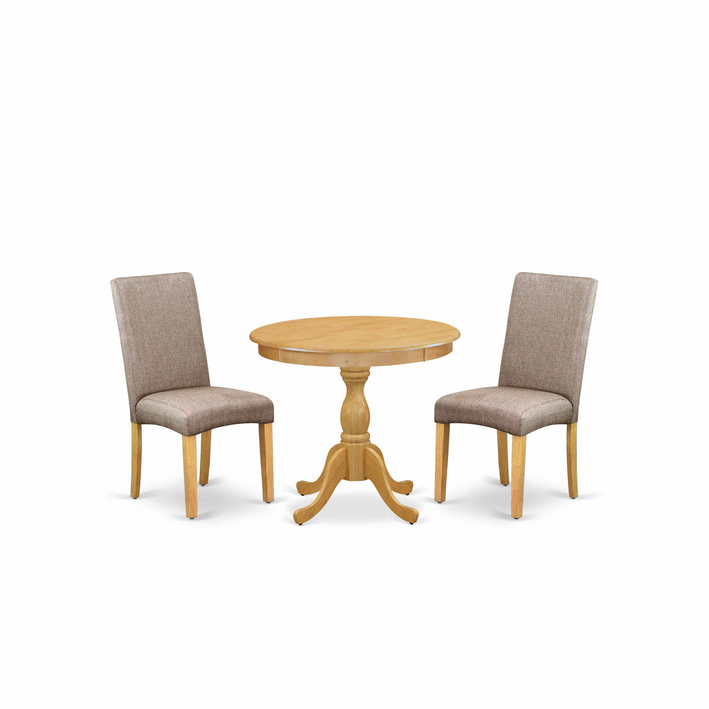 AMDR3-DRP-NK 3-Piece Round Dining Set with Pedestal & 2 Dark Khaki Linen Chairs, 36x36 Inches Oak Finish