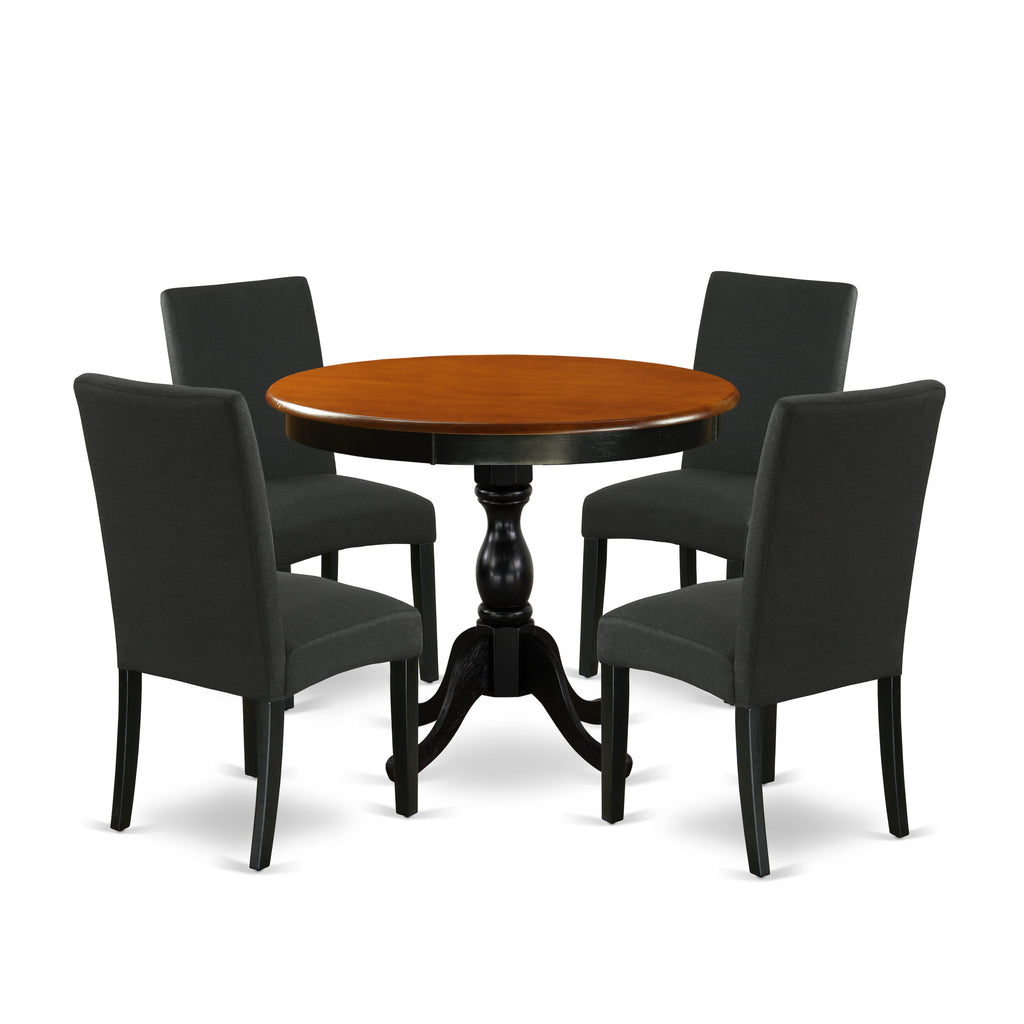 AMDR5-3DL-7V 5-Piece Dining Table Set with Round Pedestal Table and 4 Linen Upholstered Chairs, Cherry & Black