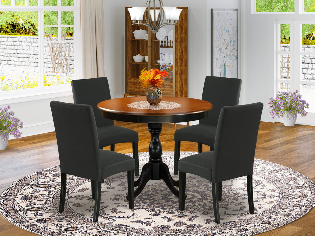 AMDR5-3DL-7V 5-Piece Dining Table Set with Round Pedestal Table and 4 Linen Upholstered Chairs, Cherry & Black