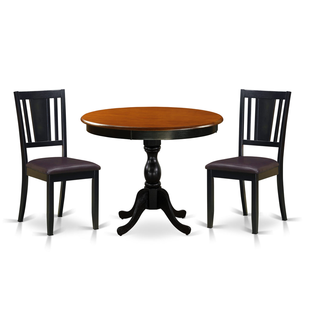 Chic AMDU3-YO1-WI Compact Trio Set Round Table and 2 Faux Leather Chairs, Black & Cherry