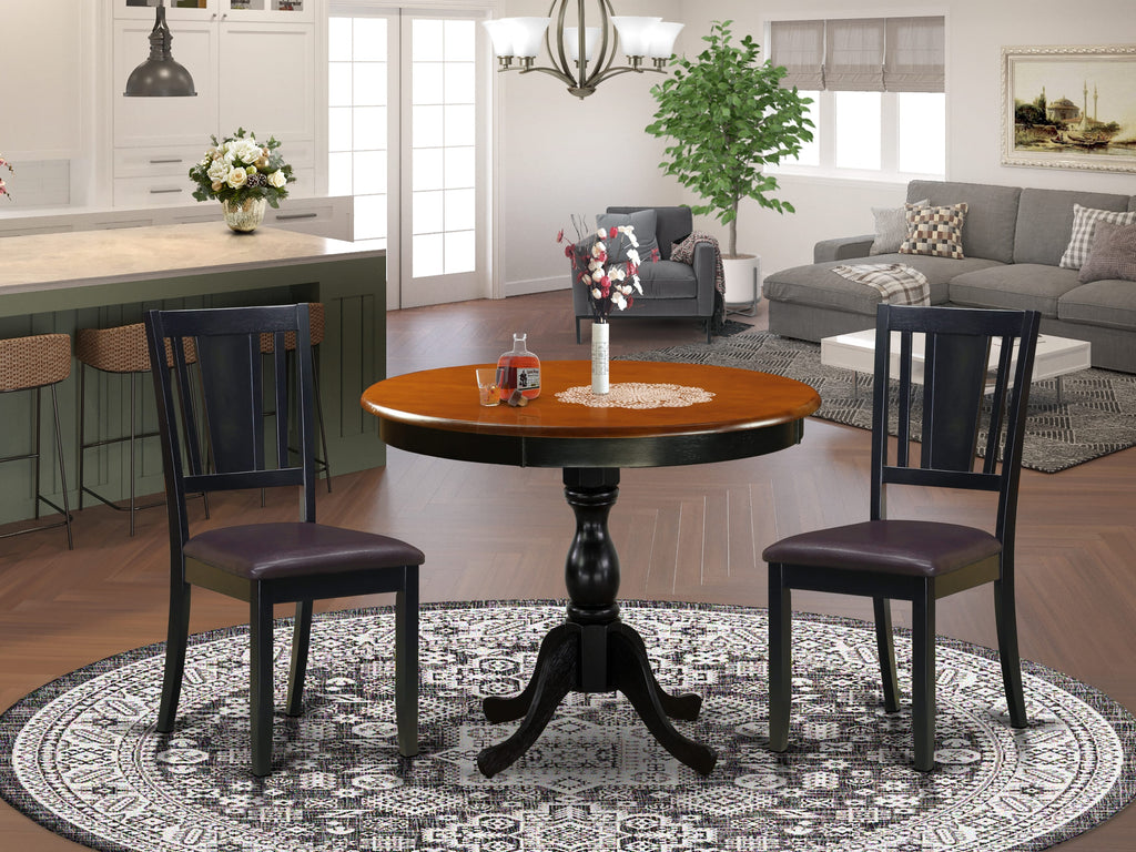 Chic AMDU3-YO1-WI Compact Trio Set Round Table and 2 Faux Leather Chairs, Black & Cherry