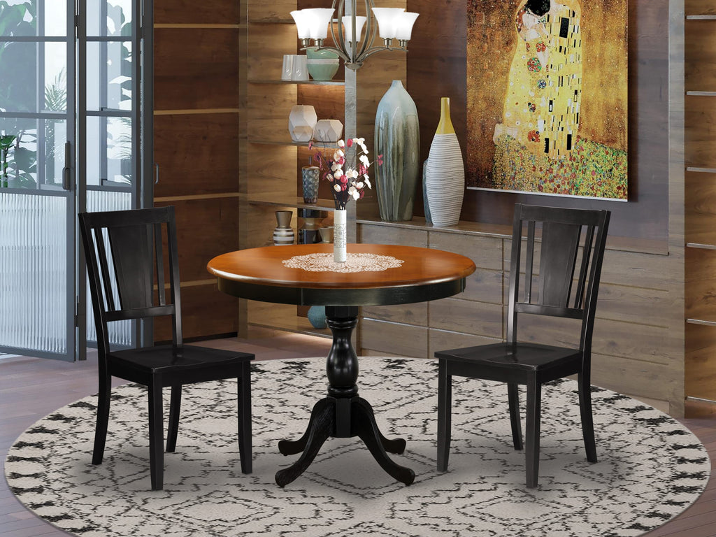 Set AMDU3-MZ7-J 3-Piece Dining Collection with Round Table and Two Chairs, Minimalist Black & Cherry