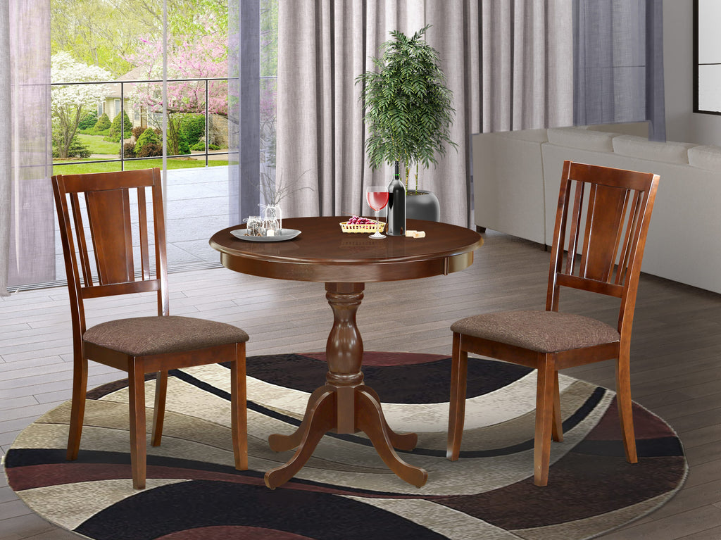 AMDU3-YV6-Y 3-Piece Dining Ensemble Round Pedestal Table & 2 Linen Cushioned Chairs, 36 Mahogany