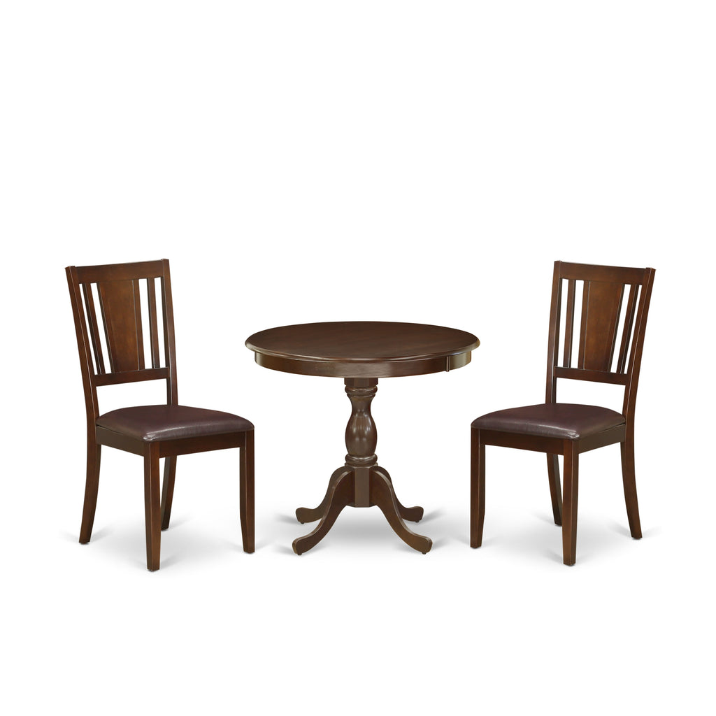 AMDU3-0GH-WN 3-Piece Modern Dining Set with Round Pedestal Table and 2 Faux Leather Chairs, 36x36 In, Walnut