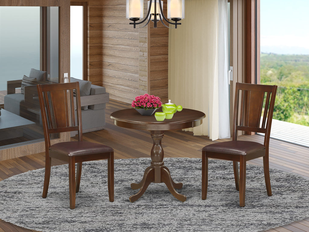 AMDU3-0GH-WN 3-Piece Modern Dining Set with Round Pedestal Table and 2 Faux Leather Chairs, 36x36 In, Walnut