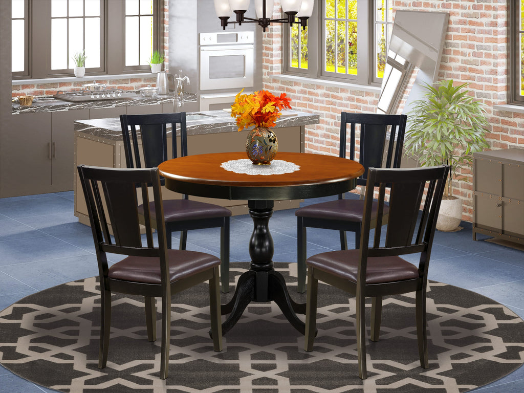 AMDU5-MR0-89 5-Piece Dining Set - Circular Pedestal Table & 4 Faux Leather Chairs, Black & Cherry Design