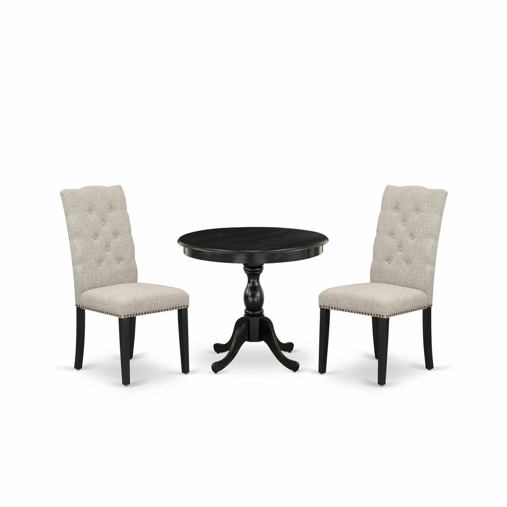 AMEL3-DBV-T8 Elegant Compact Dining Ensemble with Pedestal Table & Pair of Upholstered Chairs, 36-inch, Sophisticated Black Finish