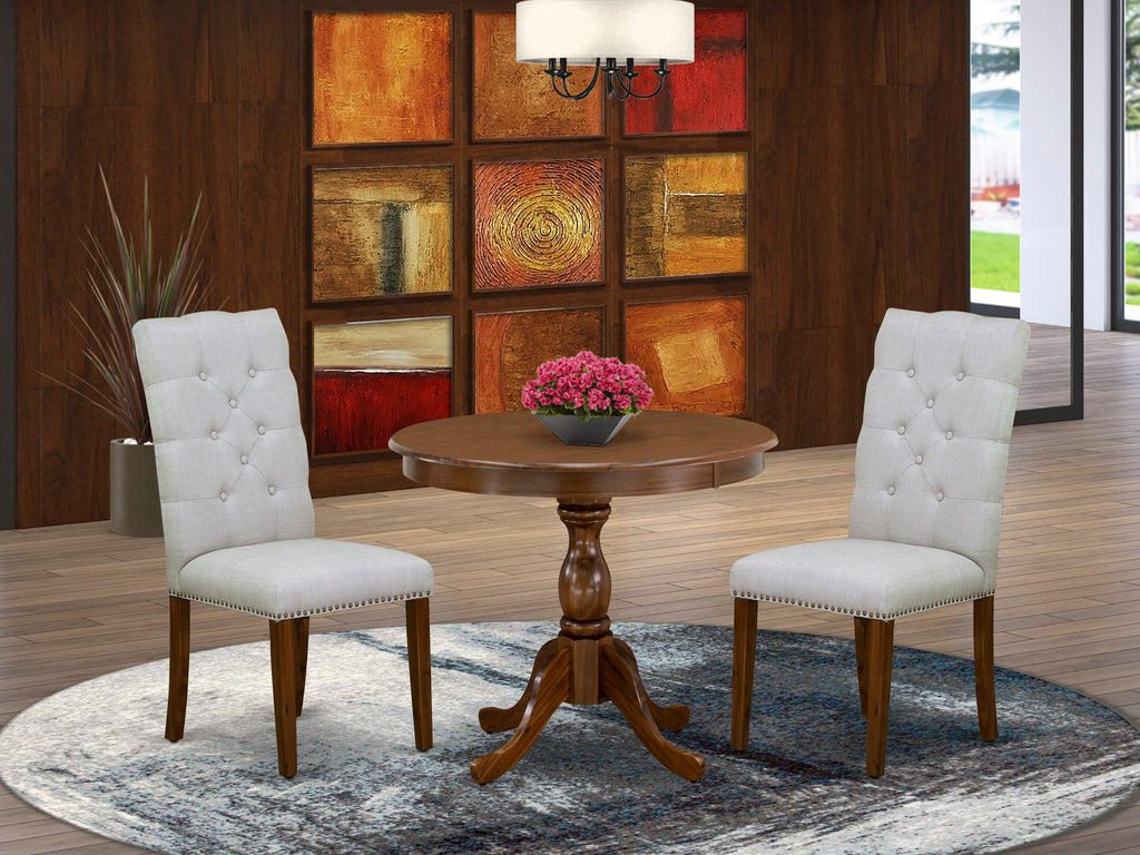 AMEL3-QFT-IT Trio Dining Set with Round Table & Linen Chairs in Grey, Walnut Finish
