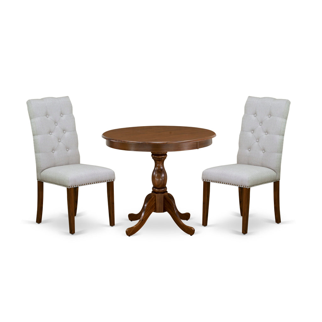 AMEL3-QFT-IT Trio Dining Set with Round Table & Linen Chairs in Grey, Walnut Finish