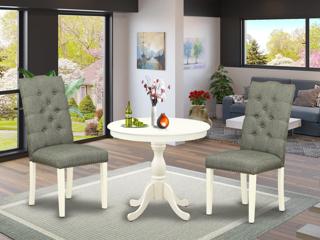 3 Piece Dining Set AMEL3-OCH-DD Pedestal Table & 2 Linen Chairs, White Finish, 36x36 In