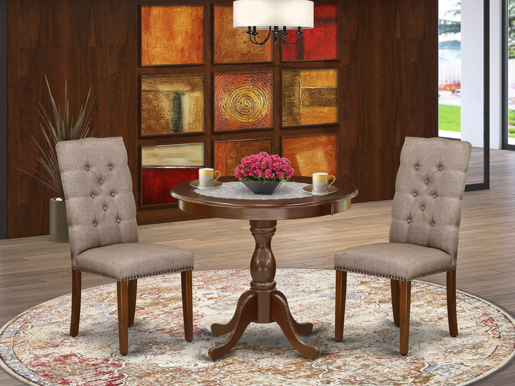 AMEL3-LWW-HJ 3-Piece Dining Set with Pedestal Table and Khaki Fabric Chairs, 36 Inch
