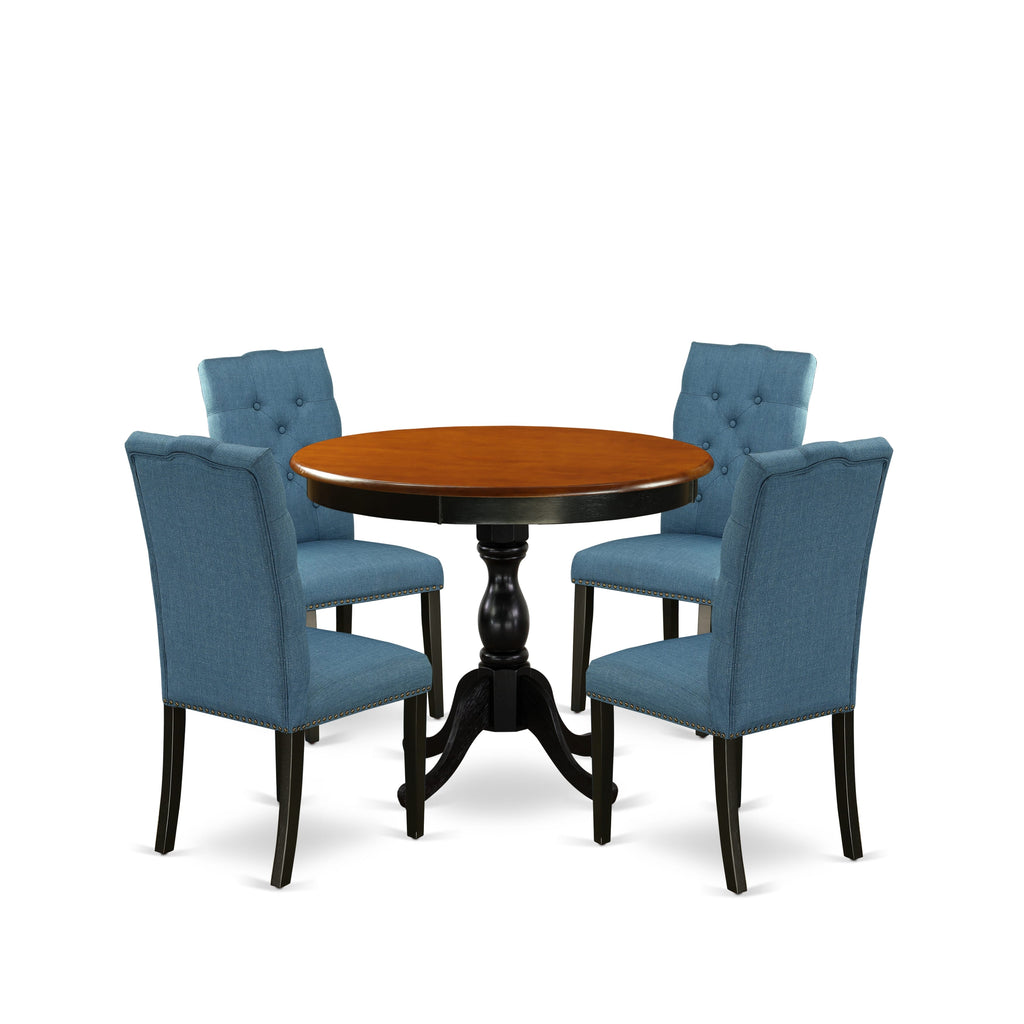 AMEL5-ID2-L8 Elegant 5-Piece Dining Ensemble Adorned with Round Table and Plush Blue Linen Chairs, Black & Cherry 36