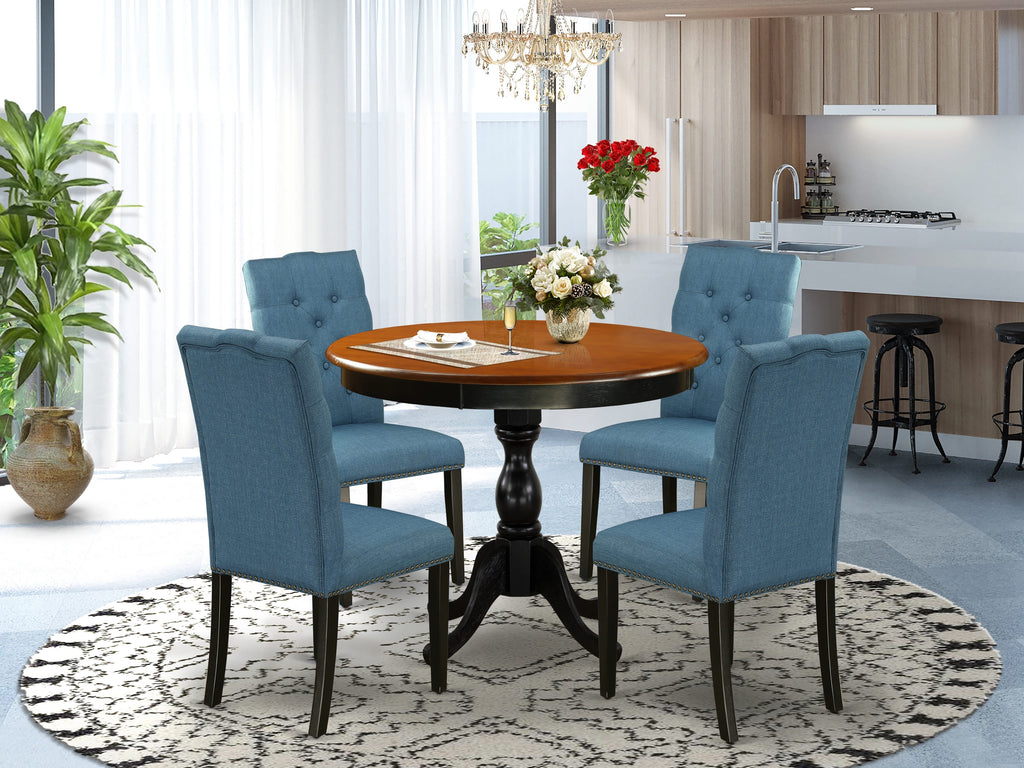 AMEL5-ID2-L8 Elegant 5-Piece Dining Ensemble Adorned with Round Table and Plush Blue Linen Chairs, Black & Cherry 36